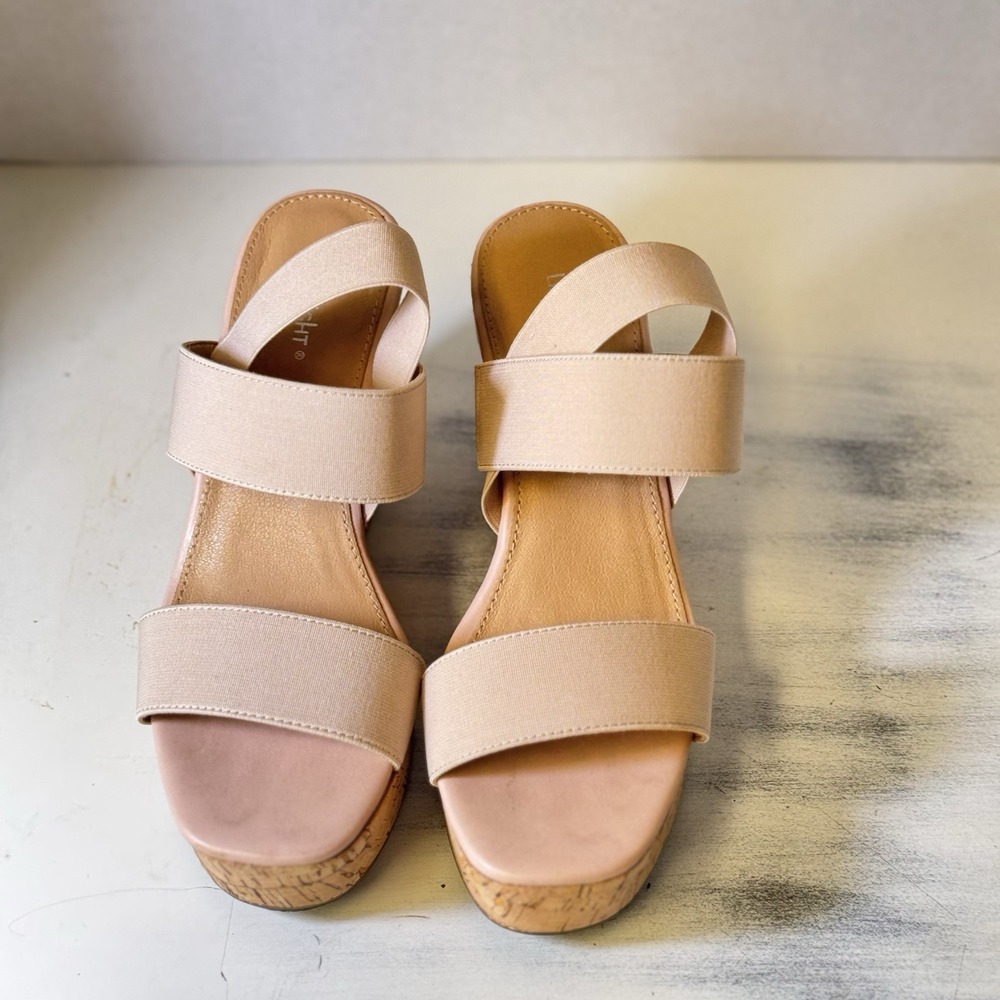 Limelight Davina Open Square Toe Cork‎ Flesh Color Wedge  Sandals Platform 8